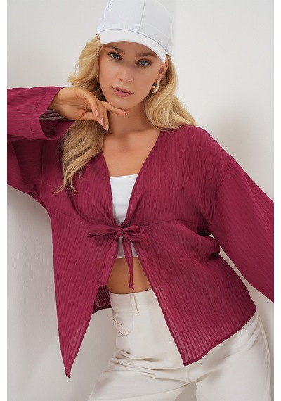 Bigdart Kadın Önü Bağcıklı Bluz 952 - Bordo