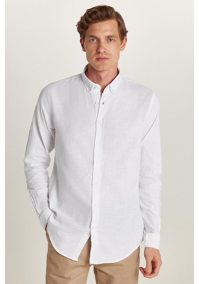 Tudors Erkek Slim Fit Dar Kesim %100 Pamuk Keten Doku Düğmeli Yaka Beyaz Gömlek-26921 Beyaz