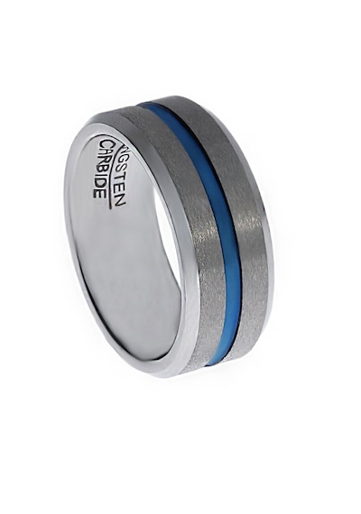 Erkek Mavi Çizgi Detay Gümüş Renk Tungsten Yüzük Silver
