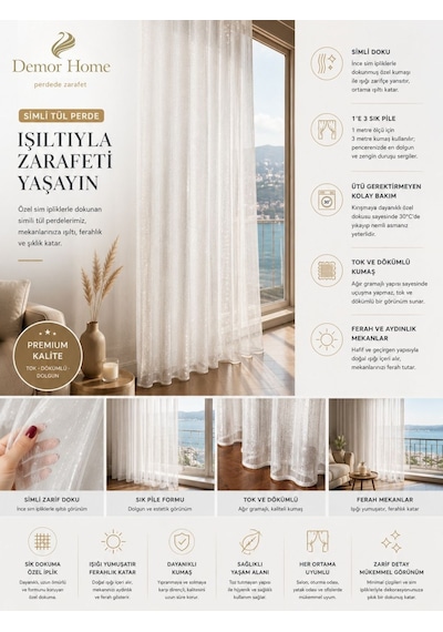 Br Demor Home Modern Simli Bambu Tül Perde 1e 3 Sık Pile Kullanıma Hazır Ütü İstemez Beyaz