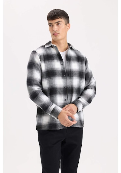 DeFacto Regular Fit Polo Yaka Kareli Flanel Uzun Kollu Gömlek D5835AX24AUBK81