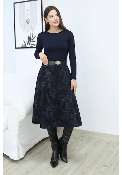 Lodmela Baskılı Ve Kemerli Kadife Etek 6069-siyah/indigo Siyah/indigo