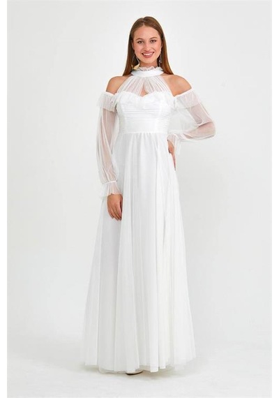 Dip Moda Dipmoda Kadın Beyaz Tül Drapeli Uzun Abiye Elbise Nbswll07 Beyaz