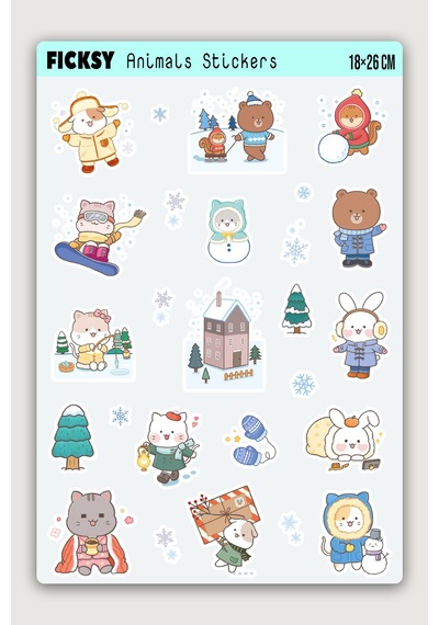 Kawaii Stili Sevimli Hayvanlar Kış Temalı Sticker Seti - 65 Adet Etiket Çıkartma Diğer