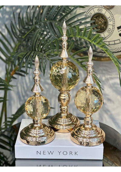 Elta Collection Büyük Boy Gold 3 Lü Dekoratif Alem Renkli Dekorlu Kristal Top Küre & Obje Aksesuar