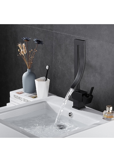 Özel Tasarım Matte Black Banyo Bataryası Retro Şelale Kare Havza Lavabo Bataryası Siyah