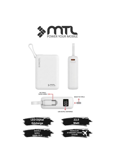 20000 Mah 22.5w Süper Hızlı Şarj Dahili Kablolu Led Göstergeli Pd Ve Qc 3.0 Powerbank Mt4550 Beyaz