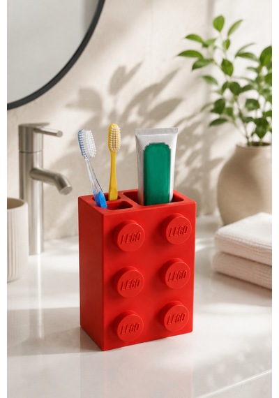 Lego Diş Fırçalığı Çocuk Ve Yetişkinlere Özel Eğlenceli Banyo Düzenleyici Diş Fırça Standı Kırmızı
