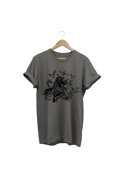 Avcılık Hunter Drahthaar Av Köpeği Ve Keklik Ördek Çulluk Baskılı Regular Fit %100 Pamuk Gri T-shirt Antrasit