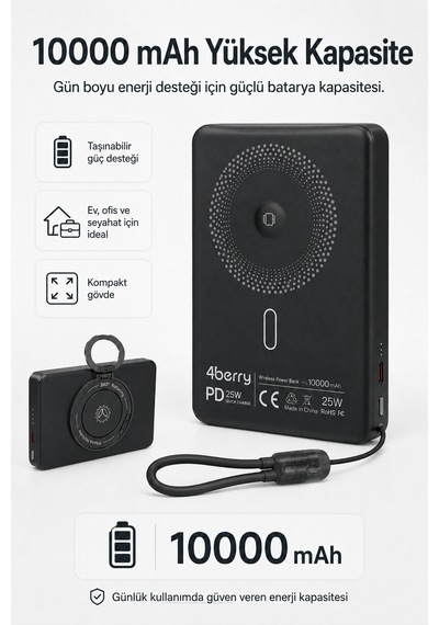 Ym307 10000 Mah Manyetik Kablosuz Powerbank 25w Pd Hızlı Şarj, 15w Kablosuz Şarj Ve 360 Döner Stand Siyah
