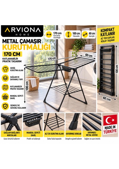 Arvıona 170 Cm Kanatlı Çamaşır Kurutmalığı Mandal Sepetli Siyah