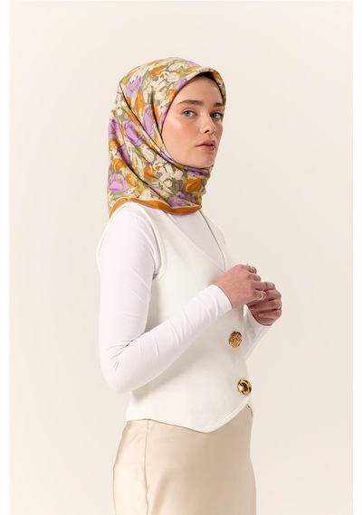 Silk Home Organik Pamuk İpek Eşarp Koyu Vizon Mor Çiçek Desenli Tok Duruşlu 90x90 Çok Renkli