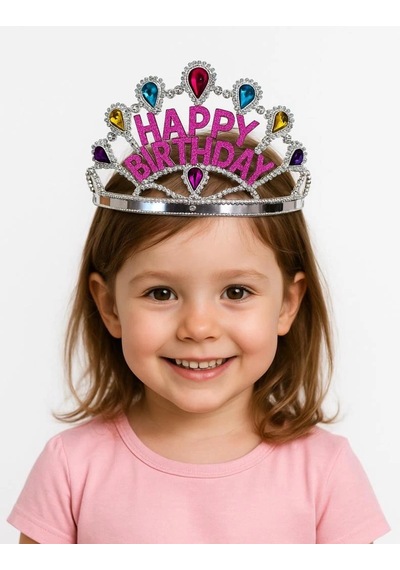 Mey İthalat Gümüş Renk Happy Birthday Yazılı Doğum Günü Tacı 60 Cm