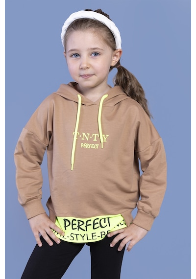 Toontoy Kız Çocuk Kapüşonlu Garni Detaylı Baskılı Sweatshirt Kahverengi