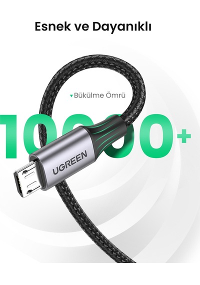 Ugreen Usb 2.0 A To Micro Usb Örgülü Hızlı Şarj Kablosu, 1,5m, Siyah, 60147