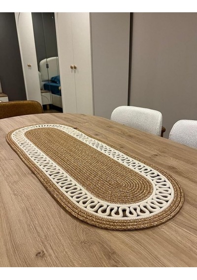 Tr El Örgüsü Jüt Runner Oval Şerit Desenli Masa Sehpa Unite Üstü Dekoratif Amerikan Servis Kaymaz Yıkanabilir Bo Genel