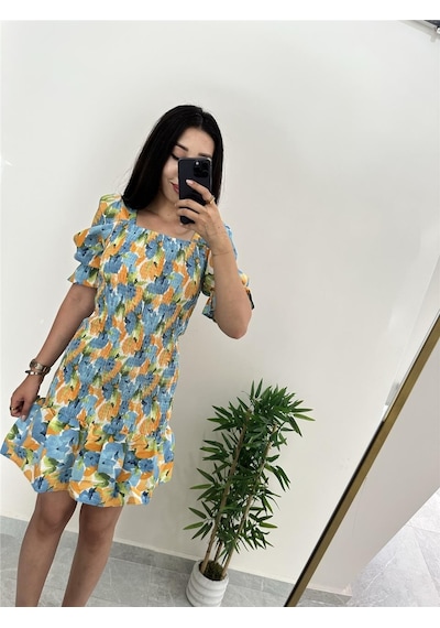 Simli Moda Çiçekli Mavi Yazlık Elbise