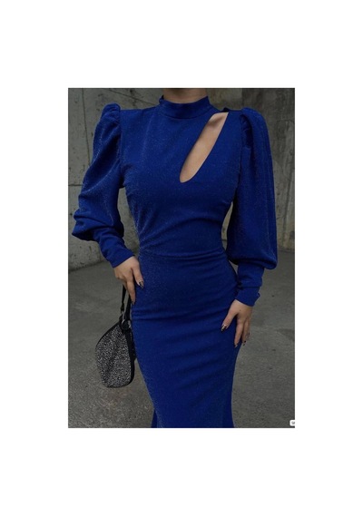 Lior Design Kadın Minimal Tasarım Simli Kumaş Degaje Yaka Dekolteli Maxi Abiye Elbise Saks