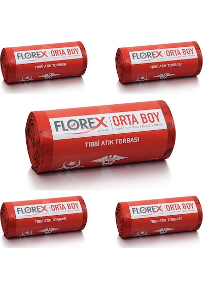 Florex Atık Çöp Poşeti Orta Baskılı Kırmızı 25 Yaprak 5 Rulo 55 x 60 CM