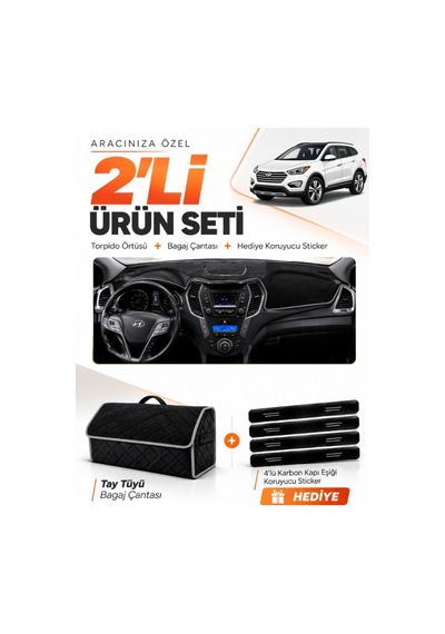 Hyundai Santa Fe 2012-2017 Uyumlu Torpido Örtüsü + Tay Tüyü Bagaj Çantası + Sticker - Siyah Gri