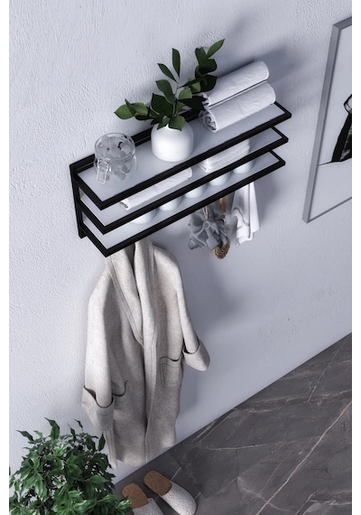 Sofya 2 Katlı Beyaz Raflı Askılık, Portmanto 63 Cm - 6 Askı Siyah
