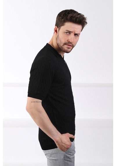 Ferraro Siyah Polo Yaka Fermuarlı Erkek Pamuk Triko T-Shirt-Siyah (417942689) Siyah