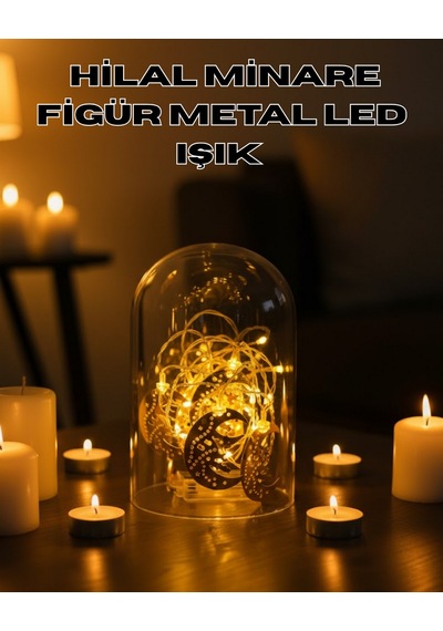 Muratech Ramazan Minare Detaylı Hilal Led Işık Günışığı Sarı Metal Süs 2 Adet
