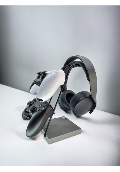 Gri Ahşap Ve Siyah Metal Gaming Ps4 Ps5 Xbox Joystick Kontroller Tutucu Ve Kulaklık Dikey Standı