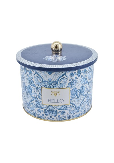 Azulejos Desenli Yuvarlak Metal Saklama Kabı 14 Cm, Erzak Kabı - Organizer Kutu 17,5 Cm X 13 Cm Azulejos Hello
