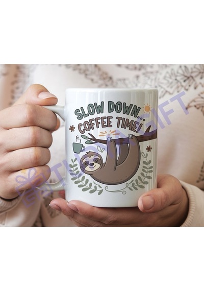 "slow Down... Coffee Time " Temalı Kahve Kupası Beyaz