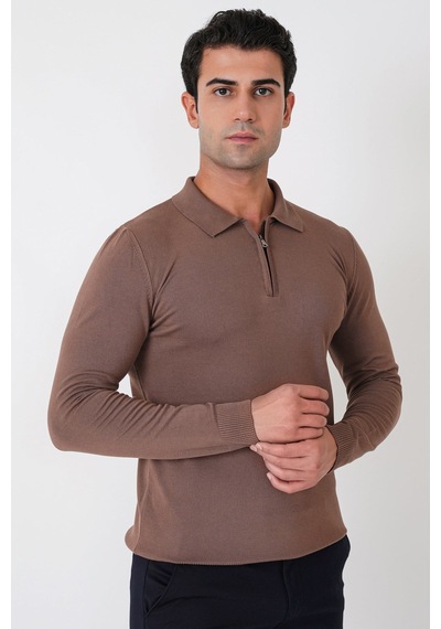 Slim Fit Esnek Pamuklu Fermuarlı Polo Yaka Açık Kahve Triko Tr 902 A.Kahverengi