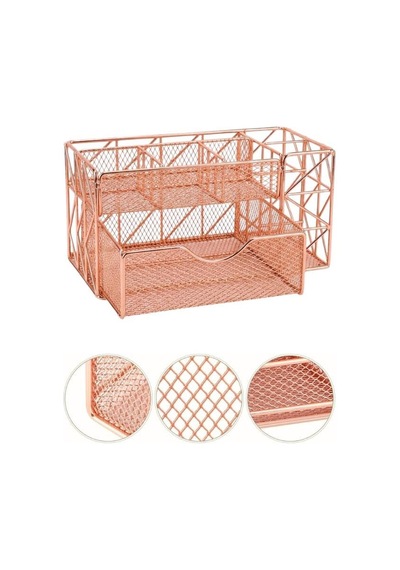 Rose Gold Metal Mesh Masaüstü Organizer Çekmeceli Çok Bölmeli 21.8x11.5x11 Cm 9510 Genel