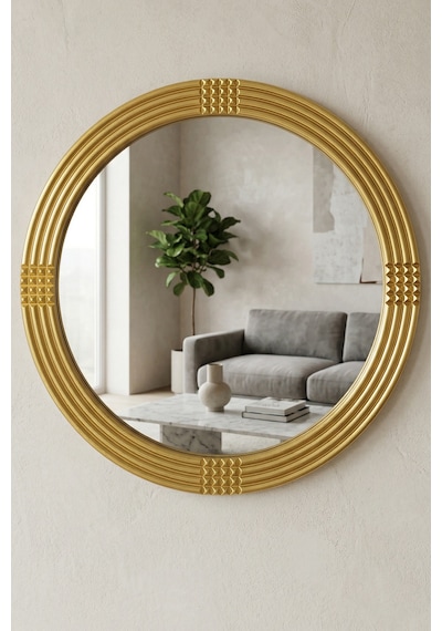 Safir Gold Dekoratif Ayna Yuvarlak Işlemeli Duvar Aynası 69 Cm Altın
