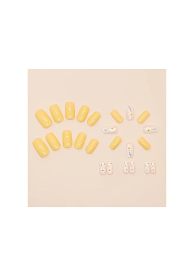 Jelüx - Papatya Çiçekli 24 Adet Pastel Sarı Renkli Yapıştırma Tırnak Sanatı Seti Nail Art