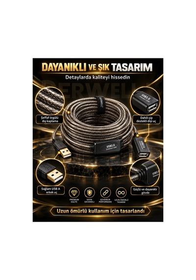 Yeni 2026 25 Metre Usb 2.0 Aktif Uzatma Kablosu Dahili Güçlendirilmiş Sinyal Çipli Kopma Donma Yapmaz Tak Çalıştır Erkek Dişi Yüksek Hızlı Kararlı Veri Aktarım Kablosu Gold Seri Premium