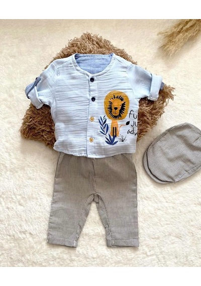Minaz Baby Şapkalı Üçlü Takım Mavi - Gri