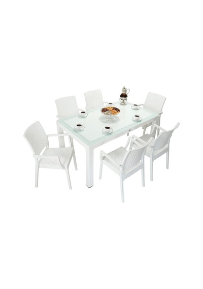 Depootoptan Mandella Elit Rattan 90 x 150 CM Elit Koltuk Camlı Masa Takımı Beyaz