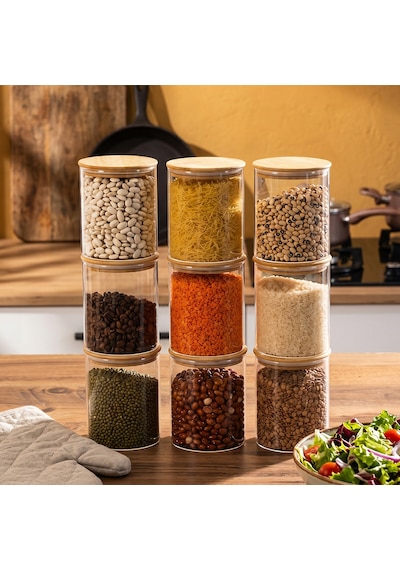 Porsima 1-3 Bambu Vakumlu Kapaklı Yuvarlak Borosilikat Cam 9lu Kavanoz Seti Saklama Kabı 750ml 10x12cm