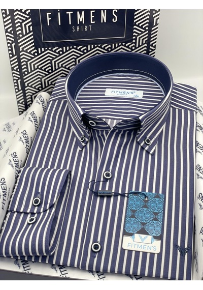 Slim Fit Uzun Kol Premium Kalın Çizgili Yaka Düğmeli Hediye Kutulu Kolay Ütülenebilir Erkek Gömlek Fs-001375 - Lacivert-1489