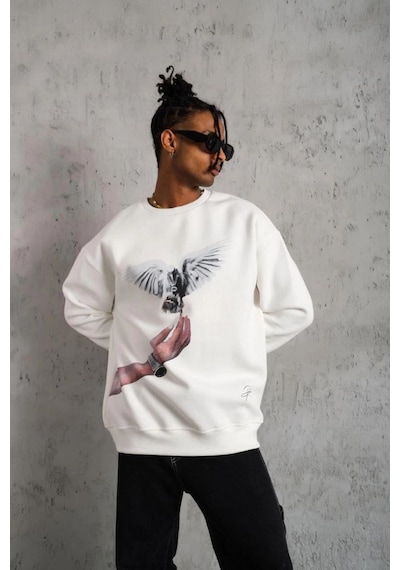 Erkek Güvercin Baskılı 3 İplik Pamuklu Bisiklet Yaka Sweatshirt - Beyaz