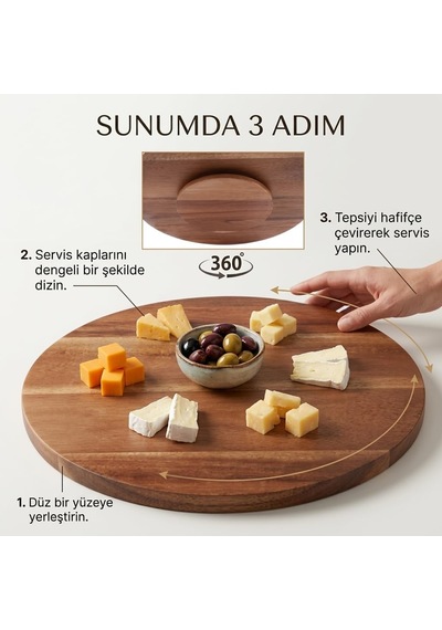 360 Dönerli Akasya Ahşap Sunum Tablası, 30 Cm Çap, 2 Cm Kalınlık, Yuvarlak Servis Tepsisi, Doğal Kahverengi, Kahvaltı, Peynir Ve Atıştırmalık Sunumu İçin, 1 Adet Çok Renkli