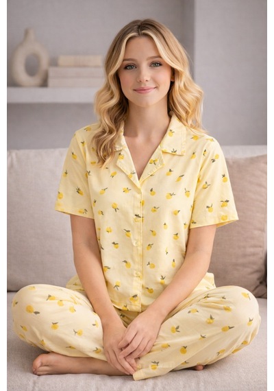 Free Beka Kadın Önden Düğmeli Devrik Yaka Kısa Kol Uzun Pantolon Desenli Pijama Takımı Sarı Free Beka Kadın Önden Düğmeli Devrik Yaka Kısa Kol Uzun Pantolon Desenli Pijama Takımı Sarı