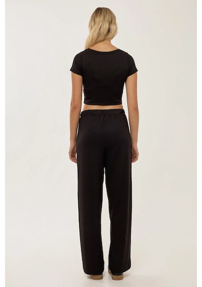 Hiccup Örme Crop Bluz & Lastikli Pantolon Takım Siyah