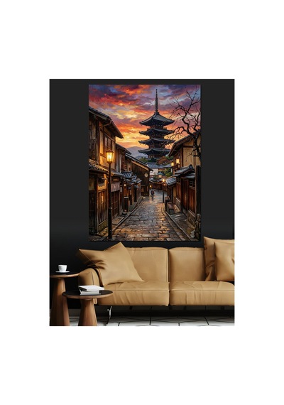 Gece Işığında Tarihi Japon Sokağı Yağlı Boya Dokulu Kanvas Tablo Canvas Tablosu
