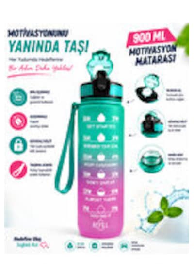 900 Ml Motivasyon Matarası Sızdırmaz, Kilitli, Silikon Uçlu, Taşıma Askılı, Geniş Ağızlı Su Matarası Turkuaz