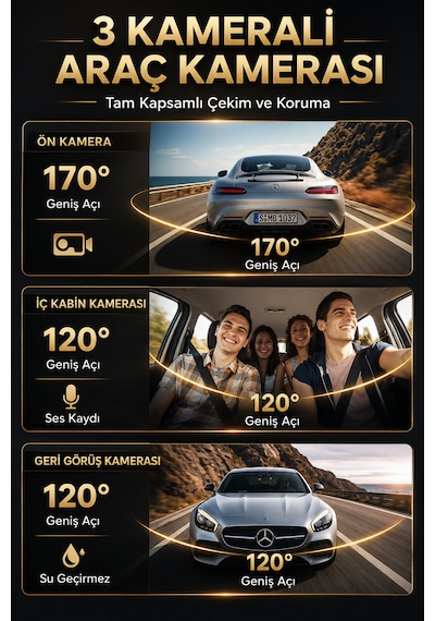 3 Kameralı Araç İçi Kamera Full HD 1080P Ön Arka İç Kamera IR Gece Görüşü G-Sensör Dashcam