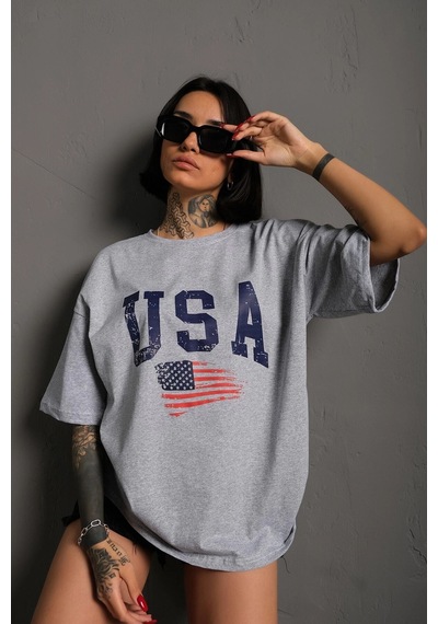 Tarzsokak Usa Flag Baskılı Gri Oversize T-shirt