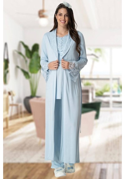 Mecit Pijama Mecit 1924 Bayan Hamile Lohusa Mavi Sabahlık Gecelik Pijama Takım