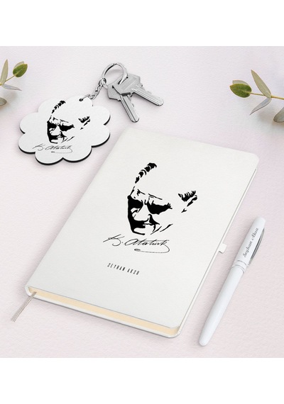 Kişiye Özel Atatürk Temalı Beyaz Defter Kalem ve Anahtarlık N11.2013 Beyaz