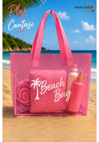 Mainshop Pembe Şeffaf Beach Bag Kadın Plaj Çantası Büyük Hacimli M-plj01